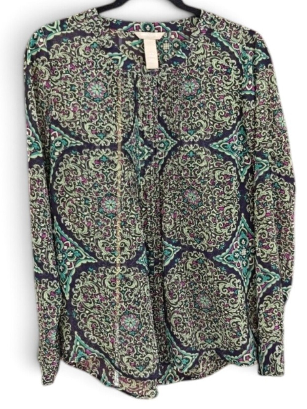 :Med: Banana Republic Green & Purple Floral Patterned Sheer Long Sleeve Blouse.